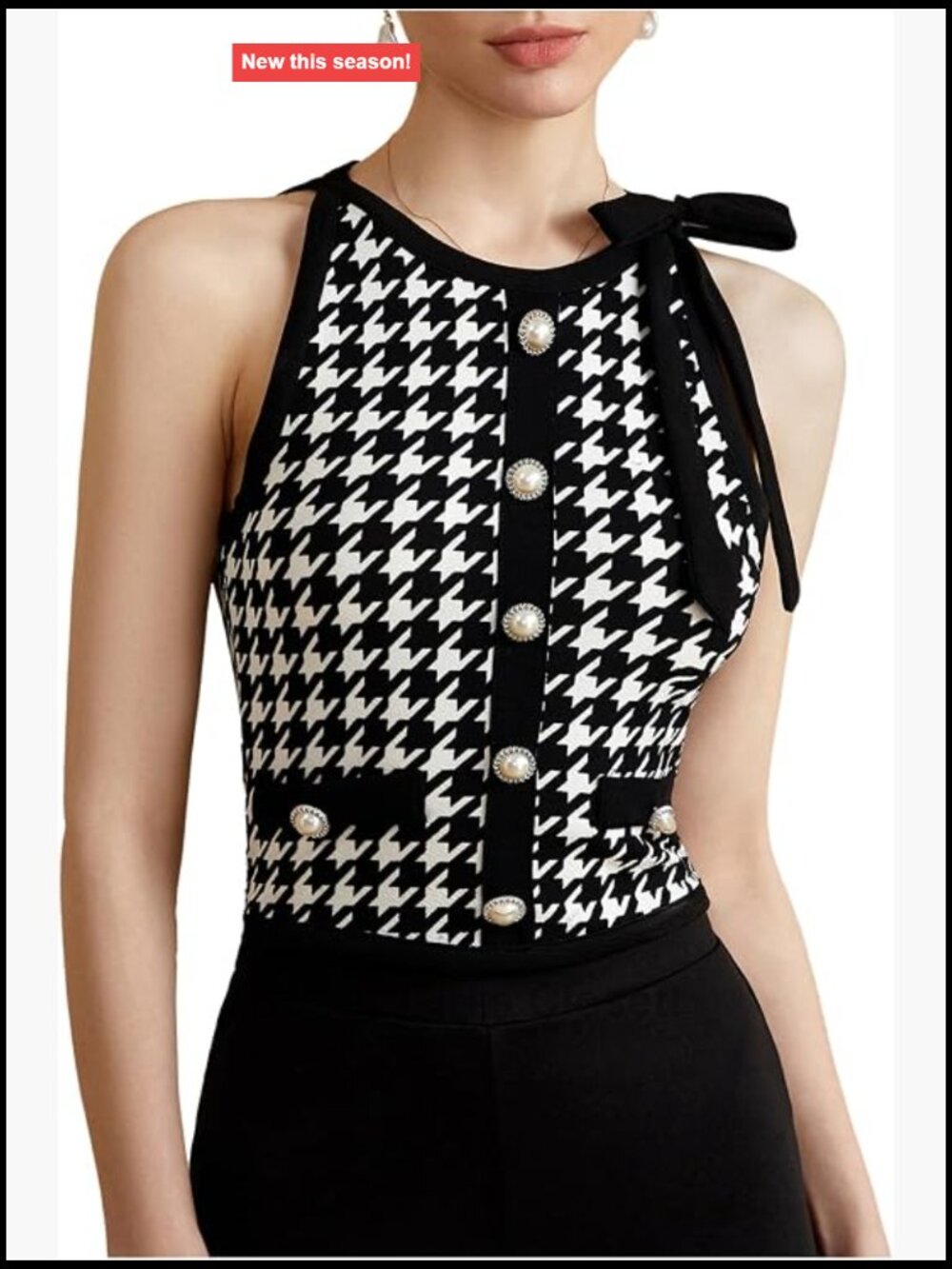 Winkbay Women's Houndstooth Bow Crop Tank Top Sleeveless Button Front